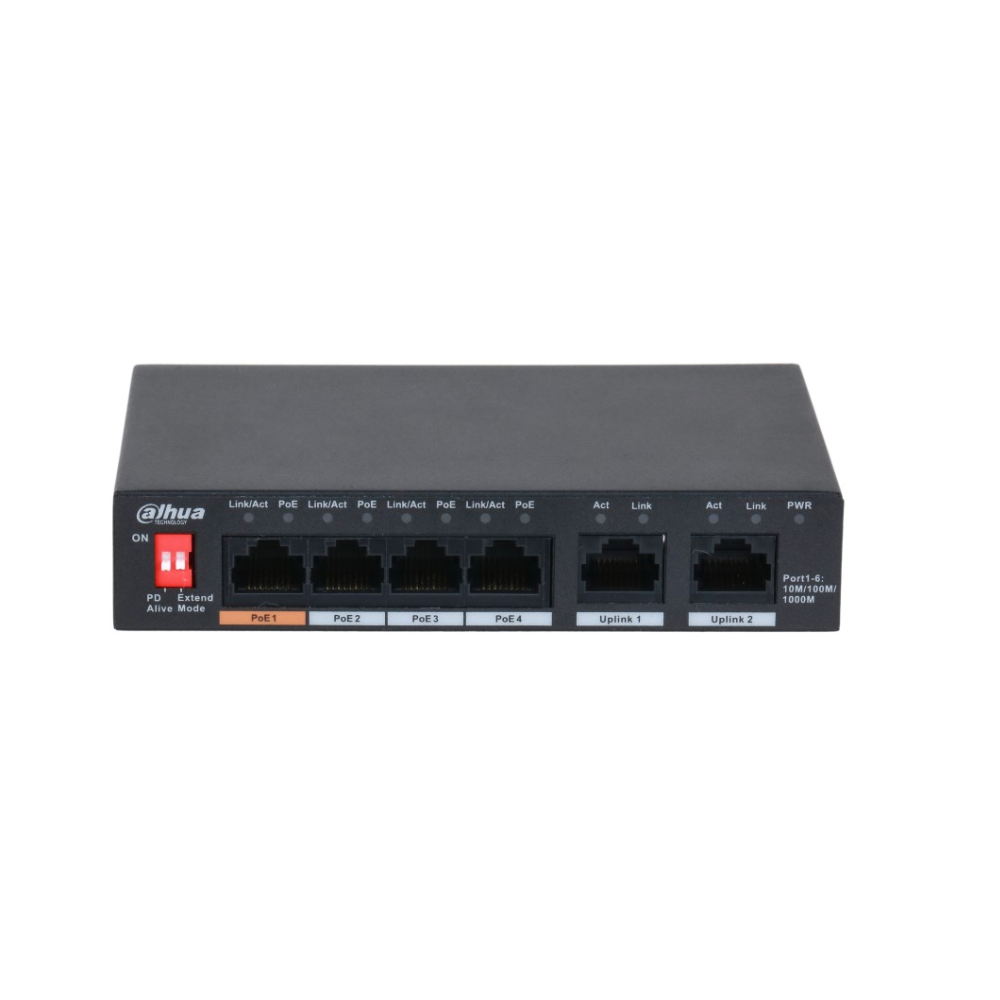 Switch PoE 6 Puertos Gigabit/ 4 Puertos PoE 10/100/1000/ 2 Puertos uplink 10/100/1000 250mts de transmisión DH-PFS3006-4GT-60
